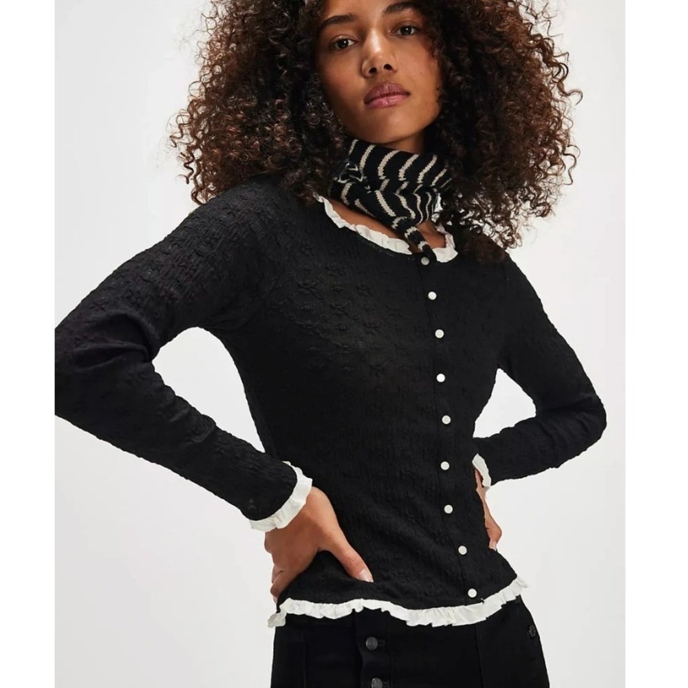 Free People Blackbird Ruffle Lace Cardigan Top‎ Medium Black Romantic Coquette